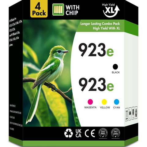 923 923e Ink Cartridge WITH Chip Compatible for HP 923 923e 923XL OfficeJet Pro 8130 8135e 8138e 8139e 8120 8122e OfficeJet 8124e 8125e 8132e 8134e Printer Black Cyan Magenta Yellow (4-Pack)