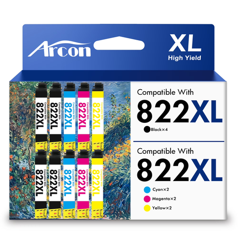822 XL Ink Cartridges 10 Pack Compatible for Epson 822XL 822 Printer Ink T822 T822XL Combo Pack for WorkForce Pro WF-3820 WF-4820 WF-4830 WF-4833 WF-4834 (4 Black, 2 Cyan, 2 Magenta, 2 Yellow)
