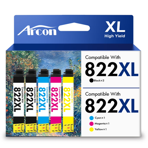 822 XL Ink Cartridges 5 Pack Compatible for 822XL 822 Printer Ink T822 T822XL Combo Pack for WorkForce WF-3820 WF-4820 WF-4830 WF-4833 WF-4834 WF-3823 (2 x Black, Cyan, Magenta, Yellow)