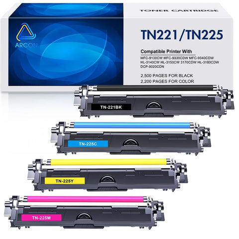 Arcon TN221 TN225 Toner Cartridge Replacement Compatible for Brother TN-221 TN-225 to use with HL-3140CW HL-3170CDW HL-3180CDW MFC-9130CW Printer (Black, Cyan, Magenta, Yellow, 4 Pack)